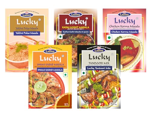 Lucky Masale Party Pack 3 Grillen Masala (Huhn or Fleisch), Shami Kabab, Huhn Korma, Kadhai Gosht/Fleisch, Yakhni Pulao/Pilaw) von Lucky