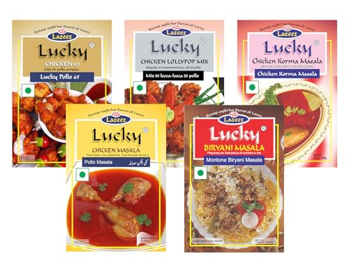 Lucky Masale Party Pack1 (Huhn 65, Huhn Lollipop, Huhn Masala, Huhn Korma, Fleisch Biryani Masala) von Lucky Masale