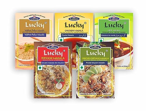 Lucky Masale Reis und Curry-Combo Pack (pulao, Biryani Masala, Hähnchen Biryani Masala, Fleisch Masala, Hähnchen Masala) von Lucky