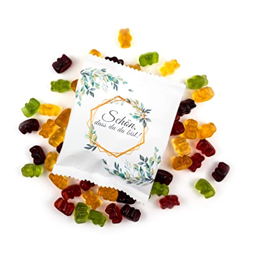 Lucky Treats | Schön dass du da bist Fruchtgummi Päckchen | 100 Stück | Weiß Matt | Eukalyptus Deko | Gummibärchen Gastgeschenke Hochzeit Taufe Geburtstag | Made in Germany von Lucky Treats