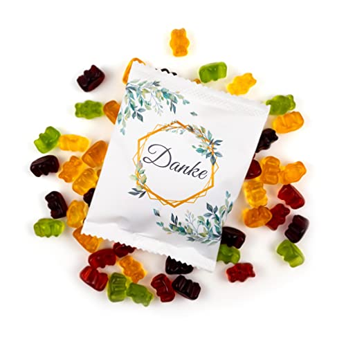 Lucky Treats - Danke Fruchtgummi Päckchen - 50 Stück - Weiß Matt - Eukalyptus Deko - Gummibärchen Gastgeschenke Hochzeit Taufe Geburtstag - Made in Germany von Lucky Treats