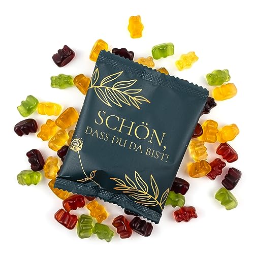 Lucky Treats - Schön dass du da bist Fruchtgummi Päckchen - 100 Stück - Dunkelgrün Matt - Gold Deko - Gummibärchen Gastgeschenke Hochzeit Taufe Geburtstag - Made in Germany von Lucky Treats