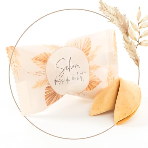 Lucky Treats | Schön, dass du da bist Glückskekse Beige Pampas| 200 Stück | Mit liebevollen Botschaften auf Deutsch und Englisch | Gastgeschenke für Hochzeit & Taufe| Made in Germany von Lucky Treats