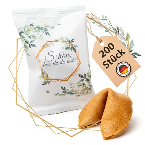 Lucky Treats - Schön, dass du da bist Glückskekse Weiß - 200 Stück - Frisch & Regional - Mit liebevollen Botschaften auf Deutsch und Englisch - Gastgeschenke Hochzeit Deko, Taufe & Kommunion von Lucky Treats