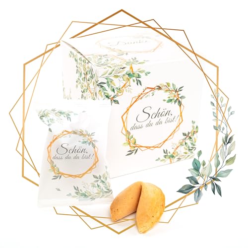 Lucky Treats - Schön, dass du da bist Glückskekse Weiß Eukalyptus - 12er Box - Mit liebevollen Botschaften auf Deutsch und Englisch - Gastgeschenke für Hochzeit & Taufe- Made in Germany von Lucky Treats