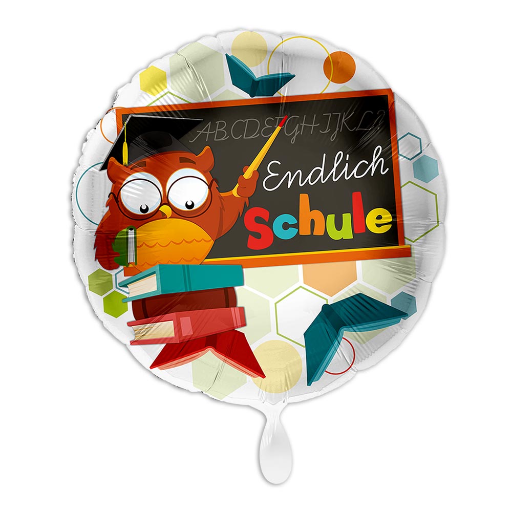 "Endlich Schule", Motiv Eule, Folienballon rund Ø 34 cm von Luftballon-Markt GmbH