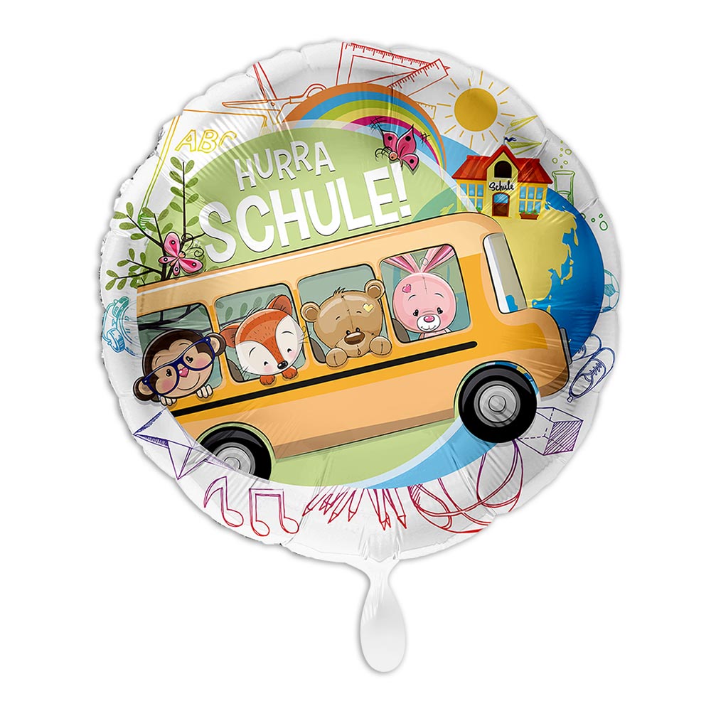 "Hurra Schule!" Motiv Schulbus, Heliumballon rund Ø 34 cm von Luftballon-Markt GmbH