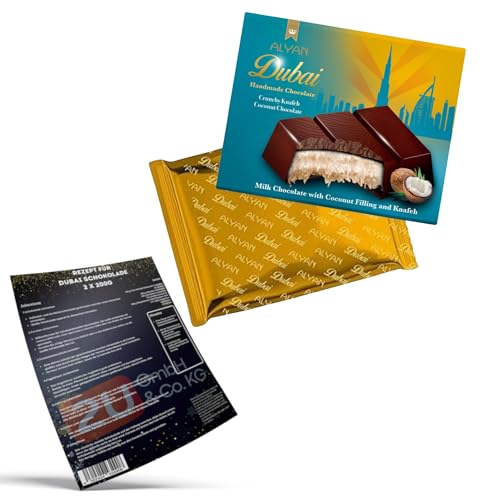 Alyan 400g Dubai Schokolade Kokosnuss Original mit Engelshaar Kadayıf, Milchschokolade gefüllt mit Kokosnusscreme und Teigfäden, Premium Handgemachte Schokolade Geschenk, 4 Tafel x 100g Alyan 400g Dubai Schokolade Kokosnuss Original mit Engelshaar Kadayıf, Milchschokolade gefüllt mit Kokosnusscreme und Teigfäden, Premium Handgemachte Schokolade Geschenk, 4 Tafel x 100g von Luna