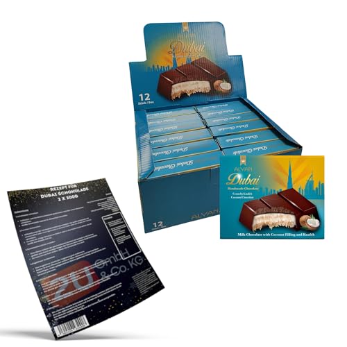 Alyan Dubai Schokolade Kokosnuss Original mit Engelshaar Kadayıf, Milchschokolade gefüllt mit Kokosnusscreme und Teigfäden, Premium Handgemachte Schokolade Geschenk, 12 Tafel x 100g Alyan Dubai Schokolade Kokosnuss Original mit Engelshaar Kadayıf, Milchschokolade gefüllt mit Kokosnusscreme und Teigfäden, Premium Handgemachte Schokolade Geschenk, 12 Tafel x 100g von Luna