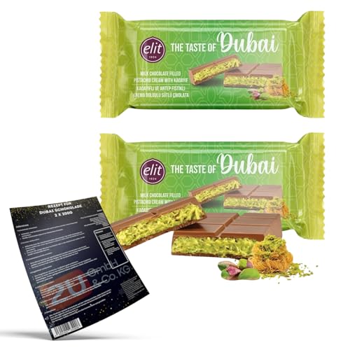 Elit "The Taste of Dubai" - Dubai schokolade Pistazie Original, Milchschokolade gefüllt mit Pistaziencreme und Engelshaar Kadayif + Rezept® zum selbstmachen (2x90g) von Luna