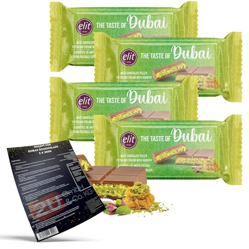 Elit "The Taste of Dubai" - Dubai schokolade Pistazie Original, Milchschokolade gefüllt mit Pistaziencreme und Engelshaar Kadayif + Rezept® zum selbstmachen (4x90g) von Luna