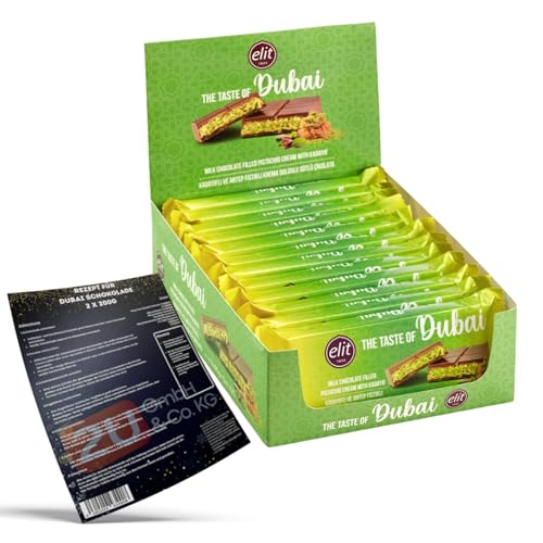 Elit "The Taste of Dubai" - Dubai schokolade Pistazie Original, Milchschokolade gefüllt mit Pistaziencreme und Engelshaar Kadayif + Rezept® zum selbstmachen (12x90g) Elit "The Taste of Dubai" - Dubai schokolade Pistazie Original, Milchschokolade gefüllt mit Pistaziencreme und Engelshaar Kadayif + Rezept® zum selbstmachen (12x90g) von Luna