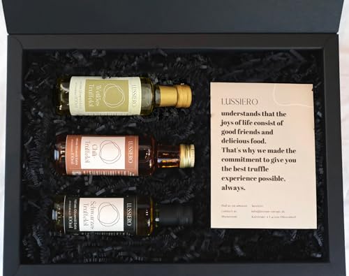 Lussiero Geschenkbox - Feinschmecker - Geschenkset aus weißem (100ml), schwarzem (100ml) und Chili-Trüffel-Öl (100ml) Feinkost Präsentbox von Lussiero