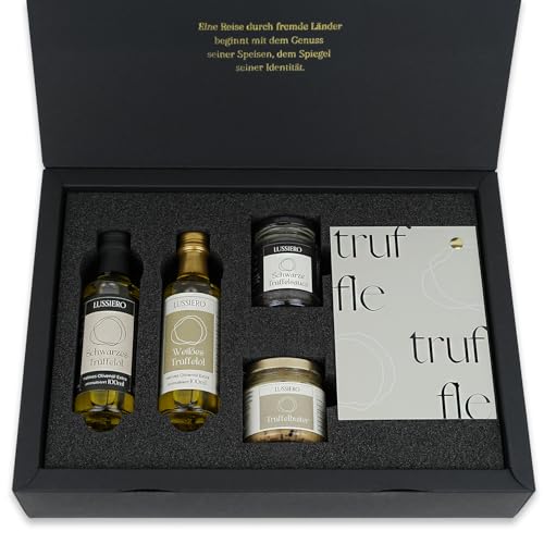 Lussiero Geschenkbox - Goldene Geschmacksreise - Geschenkset aus Trüffelbutter, schwarzer Trüffelsauce, weißem Trüffelöl und Schwarzem Trüffel-Öl, Präsentkorb Geschenkkorb für Gourmets Lussiero Geschenkbox - Goldene Geschmacksreise - Geschenkset aus Trüffelbutter, schwarzer Trüffelsauce, weißem Trüffelöl und Schwarzem Trüffel-Öl, Präsentkorb Geschenkkorb für Gourmets von Lussiero