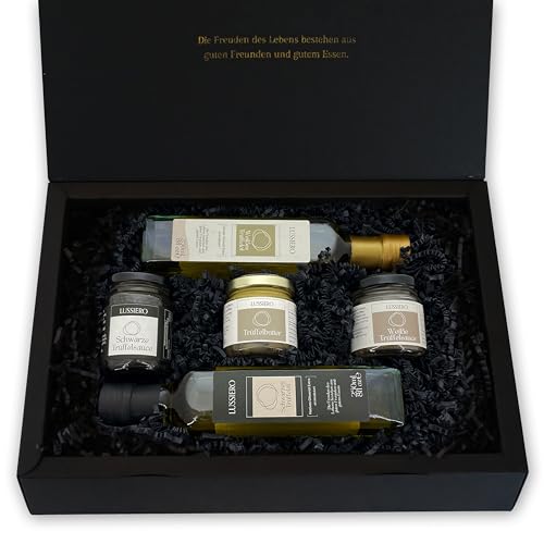 Lussiero Geschenkbox - Gemeinsam genießen - Geschenkset aus zwei Trüffelsaucen, Trüffelbutter, weißem Trüffelöl und Schwarzem Trüffelöl von Lussiero
