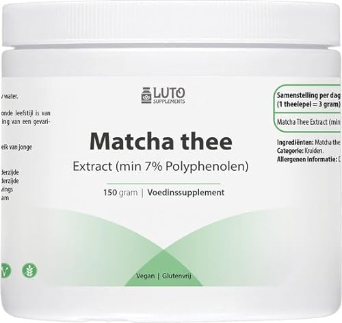 Matcha Tee-Extrakt - Vegan - 150 Gramm - 50 Dosierungen - 7% Polyphenole (Wirkstoff) - In einem praktischen Aufbewahrungsbehälter von Luto Supplements