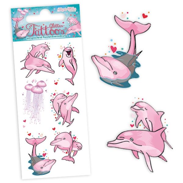 Glitzertattoos mit rosa Delfinen, 6 Einmaltattoos für Fans pro Karte von Lutz Mauder
