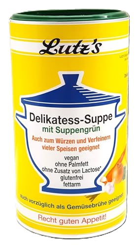 Delikatess-Suppe mit Suppengrün (900g Dose) 45 Liter Universal-Würzmittel für alle Speisen- geeignet als Gemüse Brühe vegan glutenfrei laktosefrei fettarm von Lutz's