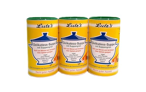 Delikatess-Suppe mit Suppengrün 3x (900g Dose) 45 Liter Universal-Würzmittel für alle Speisen- geeignet als Gemüse Brühe von Lutz's