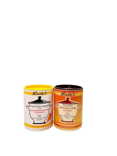 Feine Klare Suppe & Pflanzliche Delikatess Soße je 500g ohne geschmacksverstärkende Zusatzstoffe glutenfrei fettarm vegan Suppe als Gemüsebrühe geeignet. Soße mit herzhaften Geschack von Lutz's