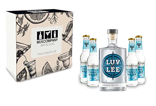Luv & Lee Hanseatic Dry Gin Tonic Giftbox Geschenkset - Luv & Lee Gin 0,5l (43% Vol) + 4x Fever Tree Mediterranean Tonic Water 200ml inkl. Pfand MEHRWEG + Geschenk-Box von Luv & Lee-Luv & Lee