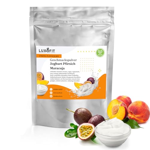 Luxofit Joghurt Pfirsich Maracuja Geschmackspulver 300 g Strong Flavour Mix Getränkearoma Pulver Geschmacksintensive Backzutat Natürlich und Zuckerfreies Pulver, Veganer Geschmacksverstärker von luxofit