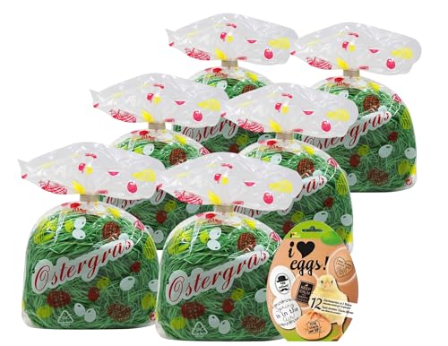 Luxtor 6er Pack Ostergras grün 6 x 30g Osterdekoration, Ostern Gras + Banderole I Love Eggs 12 Sleeves in 8 Motiven von Luxtor