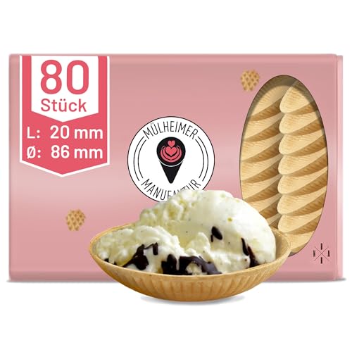 MyNaschbar Waffel Schale 80 Stück, 20 mm lang, Ø 86 mm, VEGAN – Wiener Eisbrötchen – Essbarer Waffelbecher perfekt für Eis, Softeis oder als Saucenbecher – Eiswaffeln in Eisdielen-Qualität von Mülheimer Manufaktur