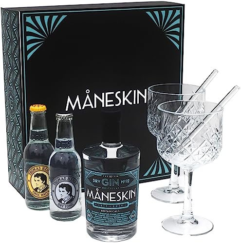 MÅNESKIN Dry Gin edles Geschenkset I Premium Gin aus Deutschland 500 ml 45% vol.I 2 x Ginkelche I 2 x Glashalme I 2 x Premium Tonic Water 200 ml von MÅNESKIN