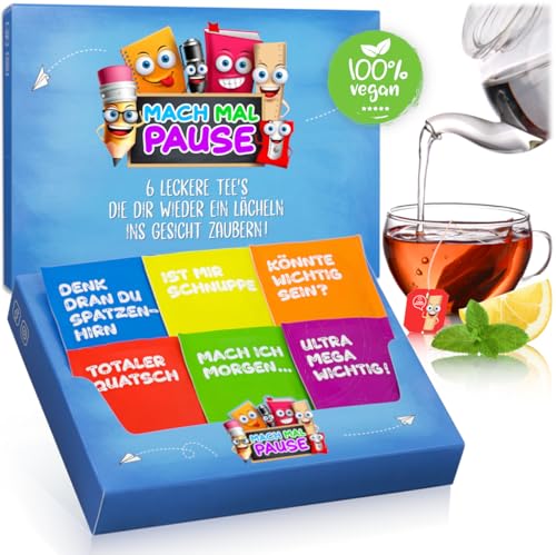 MACH MAL PAUSE® Tee Box - lustiges Tee-Set mit 6 leckeren Teesorten - Geschenk für Kollegin Kollegen Chef - Teespender mit 30 Teebeuteln - Geschenkset Büro - Wellness Anti-Stress Tee - Geburtstag von MACH MAL PAUSE