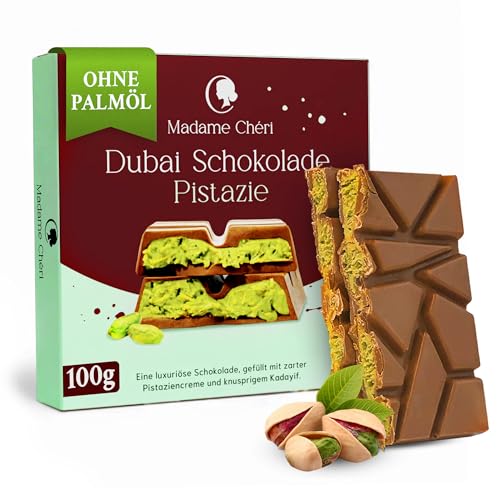 Madame Chéri Dubai Schokolade 100 g – Vollmilchschokolade gefüllt mit Pistaziencreme & Kadayif – Handgemachte Schokolade nach dem Rezept aus Dubai – Luxuriöser Genuss Madame Chéri Dubai Schokolade 100 g – Vollmilchschokolade gefüllt mit Pistaziencreme & Kadayif – Handgemachte Schokolade nach dem Rezept aus Dubai – Luxuriöser Genuss von MADAME CHÊRI