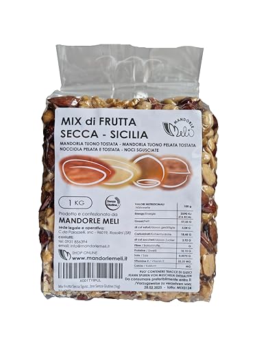 Sizilianische Schalen-Trockenfruchtmischung - Geröstete Mandeln, geschälte geröstete Mandeln, geröstete Haselnüsse und Walnüsse - Vitamin- und Ballaststoffquelle Glutenfrei (1kg) von MANDORLE MELI