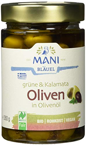 MANI Grüne & Kalamata Oliven in Olivenöl, bio, 2er Pack (2 x 280 g) von MANI