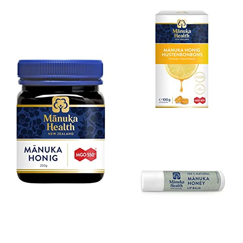 Manuka Health Honig MGO 550+ (250g) & MGO 400 + Zitronen Lutschbonbons 100 g & Manuka Health MGO 250+ Manuka Honig Lippenpflege, 1er Pack von Manuka Health