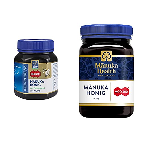 Manuka Health - Manuka Honig MGO 250 + 1Kg - 100% Pur aus Neuseeland mit zertifiziertem Methylglyoxal Gehalt & ig MGO 400+ 500g - 100% Pur aus Neuseeland mit zertifiziertem Methylglyoxal Gehalt von Manuka Health