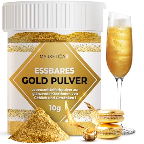 Goldpulver Essbar - 10g Essbarer Glitzer - Lebensmittelfarbe Gold - Glitzer für Getränke - Goldpuder Essbar zum Dekorieren - Goldstaub Perfekt für Cocktails und Kuchen - Vegan und ohne E171 von MARKETIFAR
