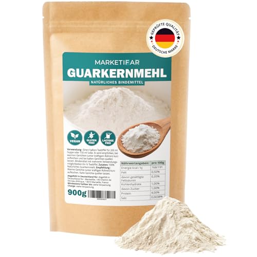 Guarkernmehl für Eis 900g - Guar Gum geignet für Vegan, Keto und Low Carb - Pflanzliches Bindemittel E412 - 500cps - Kontrolliert und abgefüllt in Deutschland von MARKETIFAR