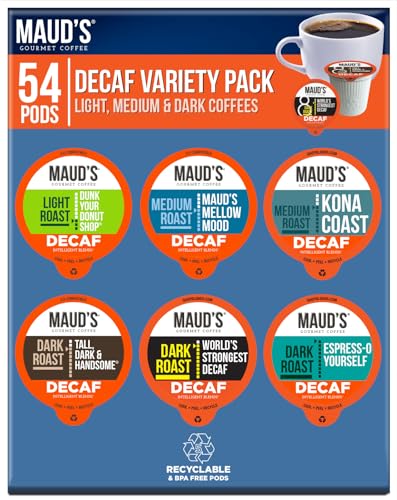Maud's Entkoffeinierte Kaffeepads, 54 Stück, 6 verschiedene Kaffee-Geschmacksrichtungen, 100 % entkoffeinierter Arabica-gerösteter Kaffee, solarbetrieben, recycelbare Kapseln, kompatibel mit Keurig K Maud's Entkoffeinierte Kaffeepads, 54 Stück, 6 verschiedene Kaffee-Geschmacksrichtungen, 100 % entkoffeinierter Arabica-gerösteter Kaffee, solarbetrieben, recycelbare Kapseln, kompatibel mit Keurig K von MAUD'S