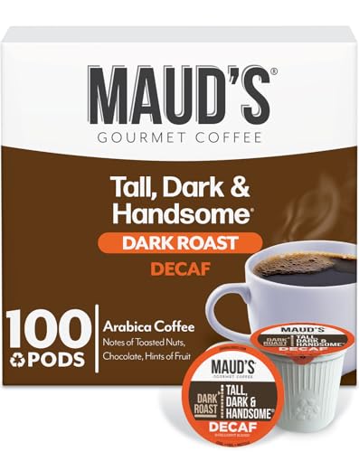 Maud's Entkoffeinierter dunkler gerösteter Kaffee (Decaf Tall Dark & Handsome), 100 ct. Recycelbare Einzelportion-Kaffeekapseln – reichhaltig befriedigende Arabica-Bohnen California geröstet, k-cup von MAUD'S
