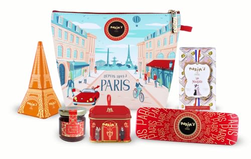 Maxim's De Paris - Bonjour-Geschenkbeutel, Auswahl an französischen Köstlichkeiten im Parisstil: Schokolade, Nougat, Marmelade, Eiffelturm, Blechdose, Bleistift-Box, Mini-Haus-Blechdose von MAXIM'S DE PARIS