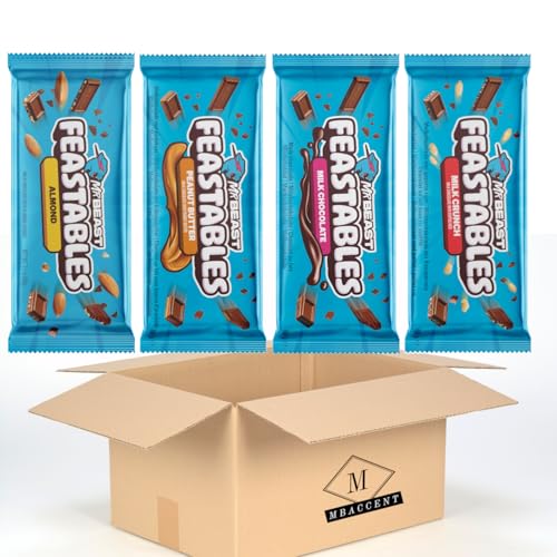 Feastables Mr Beast Neue Sorten Set Milk Chocolate Almond Milk Crunch Peanut Butter 4 Stück (4x60g) (240g) by MBAccent + MBAccent Versandschutzpackung von MBAccent