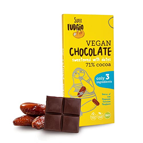 SUPER FUDGiO Schokolade zuckerfrei | 71% Kakaoanteil | aus natürlichen Bio-Zutaten | Gesüßt mit Datteln statt Zucker | Glutenfrei Vegan und Fair-Trade | 1 x 80g von SUPER FUDGIO