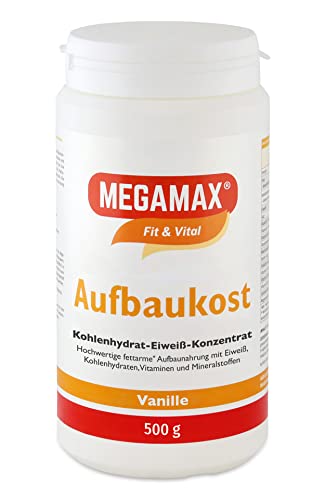 MEGAMAX Aufbaukost Vanille 500g- Trinknahrung Ideal zur Kräftigung u. bei Untergewicht. Proteinpulver zur Zubereitung eines fettarmen Kohlenhydrat-Eiweiß-Getränkes für Muskelmasse MEGAMAX Aufbaukost Vanille 500g- Trinknahrung Ideal zur Kräftigung u. bei Untergewicht. Proteinpulver zur Zubereitung eines fettarmen Kohlenhydrat-Eiweiß-Getränkes für Muskelmasse von MEGAMAX Nutrition
