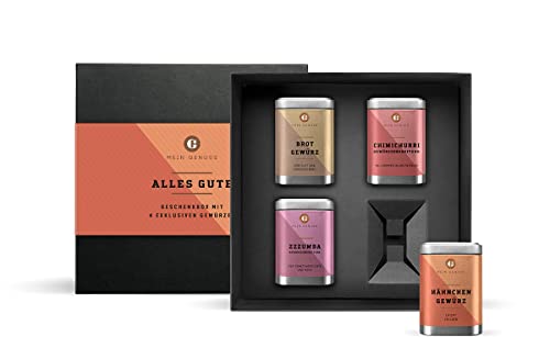 MEIN GENUSS Alles Gute Geschenkbox Gewürze – Gewürzset mit 4 Gewürzen zum Probieren – Geburtstagsgeschenk für Kochprofis – Brotgewürz, Chimichurri Gewürz, Zzzumba Gewürz und Hähnchen-Gewürz MEIN GENUSS Alles Gute Geschenkbox Gewürze – Gewürzset mit 4 Gewürzen zum Probieren – Geburtstagsgeschenk für Kochprofis – Brotgewürz, Chimichurri Gewürz, Zzzumba Gewürz und Hähnchen-Gewürz von MEIN GENUSS