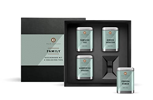 MEIN GENUSS Tee Geschenkbox Family – Tee-Set mit 4 unterschiedlichen Teesorten für die ganze Familie – Familientee Probierset – Natürlicher Tee für Groß & Klein – Teeauswahl für Kinder und Erwachsene von MEIN GENUSS