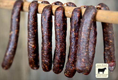Kaminwurzen Rind 100% Beef | Wurstdelikatesse Rindswurst luftgetrocknet | Rindswürstchen ausgereifte Mettwurst - Salami Snack kalt & heiß essen | Rindfleisch aus Sachsen (4er Pack 560g) geräuchert von MEISTER'S