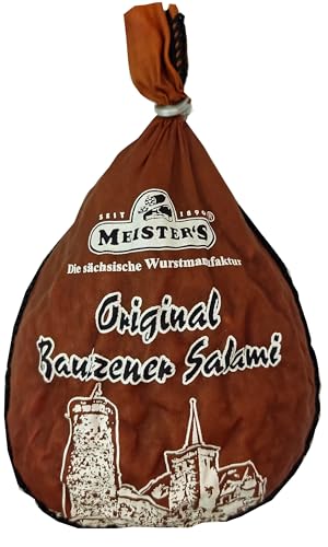 Salami Geschenk vom Metzger | Bautzner Original Salami am Stück im Leinensäckchen | Ausgereifte Räucherware Salami Wurstspezialität (1) von MEISTER'S