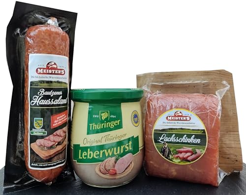 Wurstpaket Oberlausitz Geschenkset | Ganze Salami Wurst & geräucherter Schinken am Stück | Leberwurst Wurstkonserve | Premium-Qualität von MEISTER'S