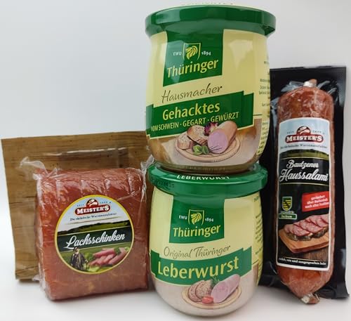 Wurstpaket Oberlausitz 2x Wurstkonserven | Edel Salami geräucherter Schinken am Stück | Leberwurst und Mettwurst Glas Konserve | verfügbar als Geschenk (Leberwurst/Mettwurst) von MEISTER'S