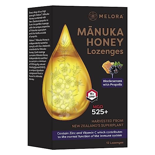 Melora Manuka Honig Lutschtabletten - 525+ MGO - UMF 15 mit Propolis | Natürlich beruhigend zur Linderung bei Halsschmerzen und zur Stärkung des Immunsystems | Blaubeere & Pfefferminz von MELORA
